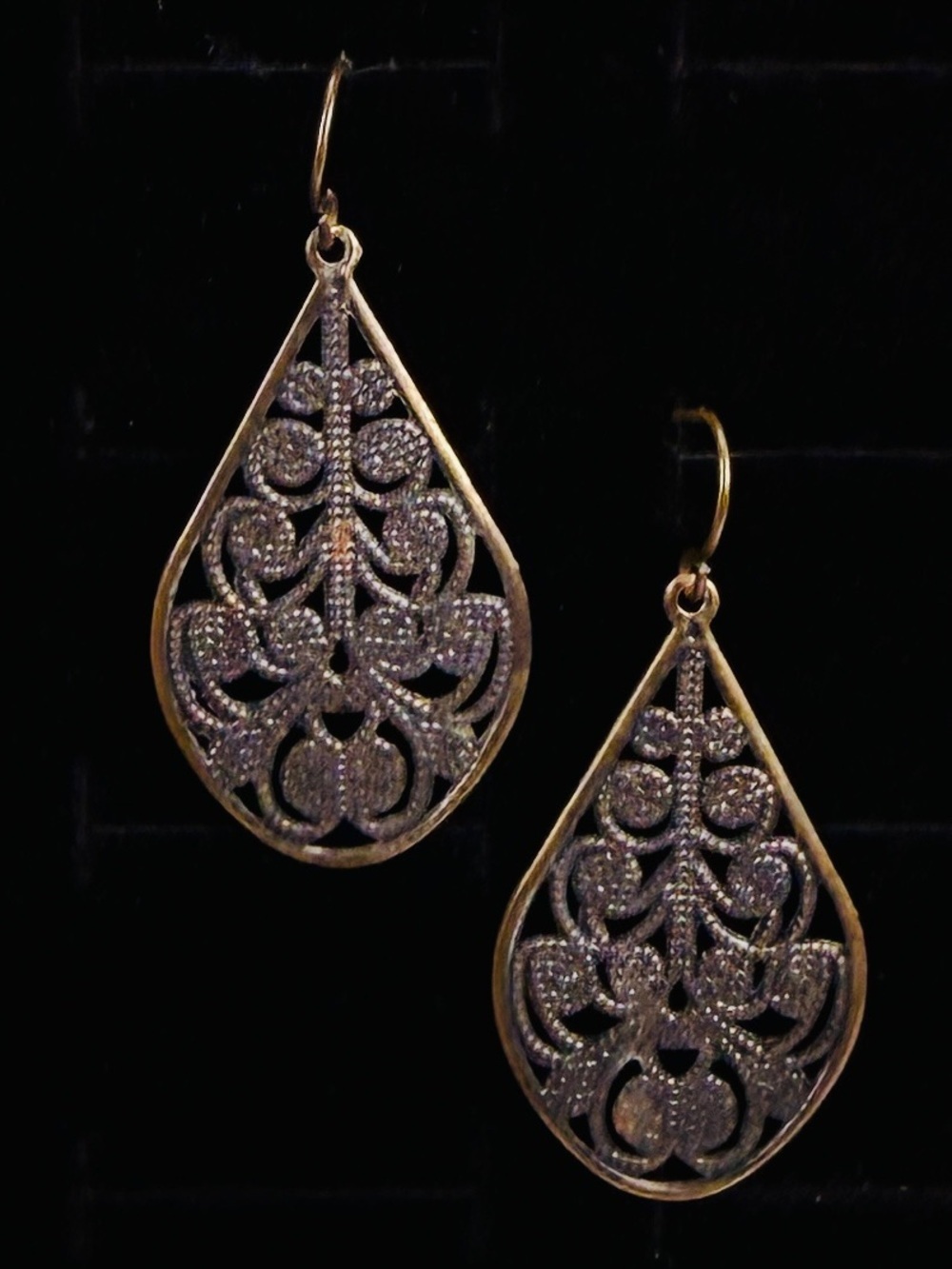 Antique Brass Tone Filigree Teardrop Pierced Earrings